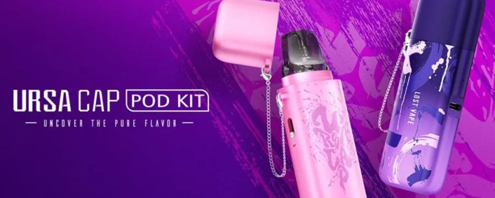 На зображенні представлена POD-система Lost Vape Ursa Cap у стильному рожево-фіолетовому дизайні – потужність 25W, батарея 1000 мАг, сумісність із картриджами V2. Ідеальний пристрій для вейпшопу, підійде як для початківців, так і досвідчених вейперів.